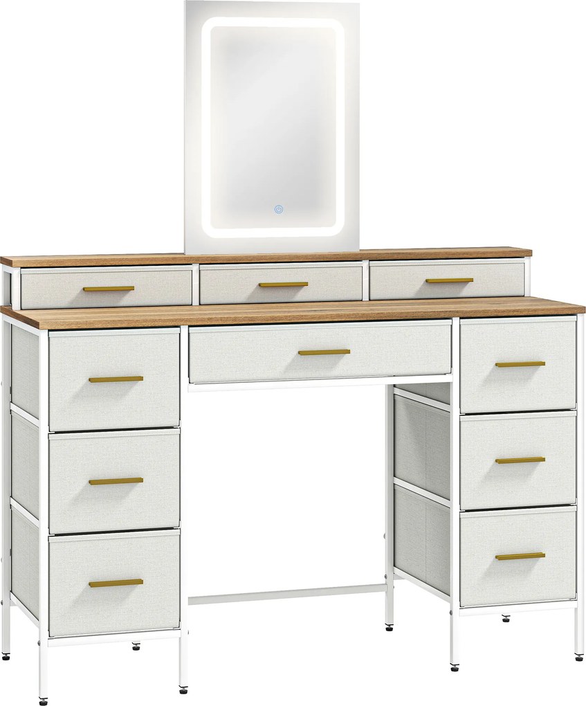 HOMCOM Masă de toaletă cu oglindă și lumini LED 3 culori, masă de machiaj 10 sertare din material textil, 118,5 x 39,5 x 140 cm natural | Aosom Romania