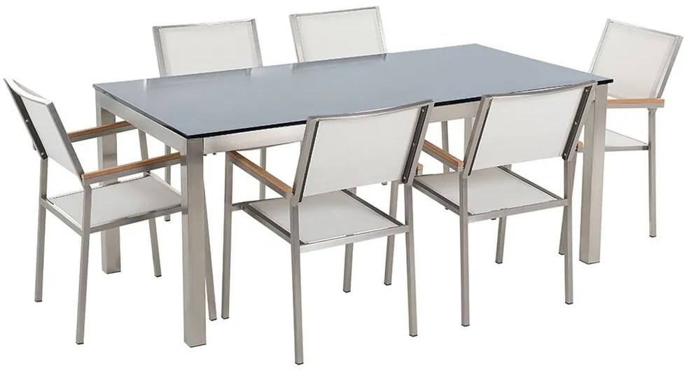 Set de masă pentru grădină Grosso (negru) (blat din sticlă 180x90 cm) (scaune albe). 1011747