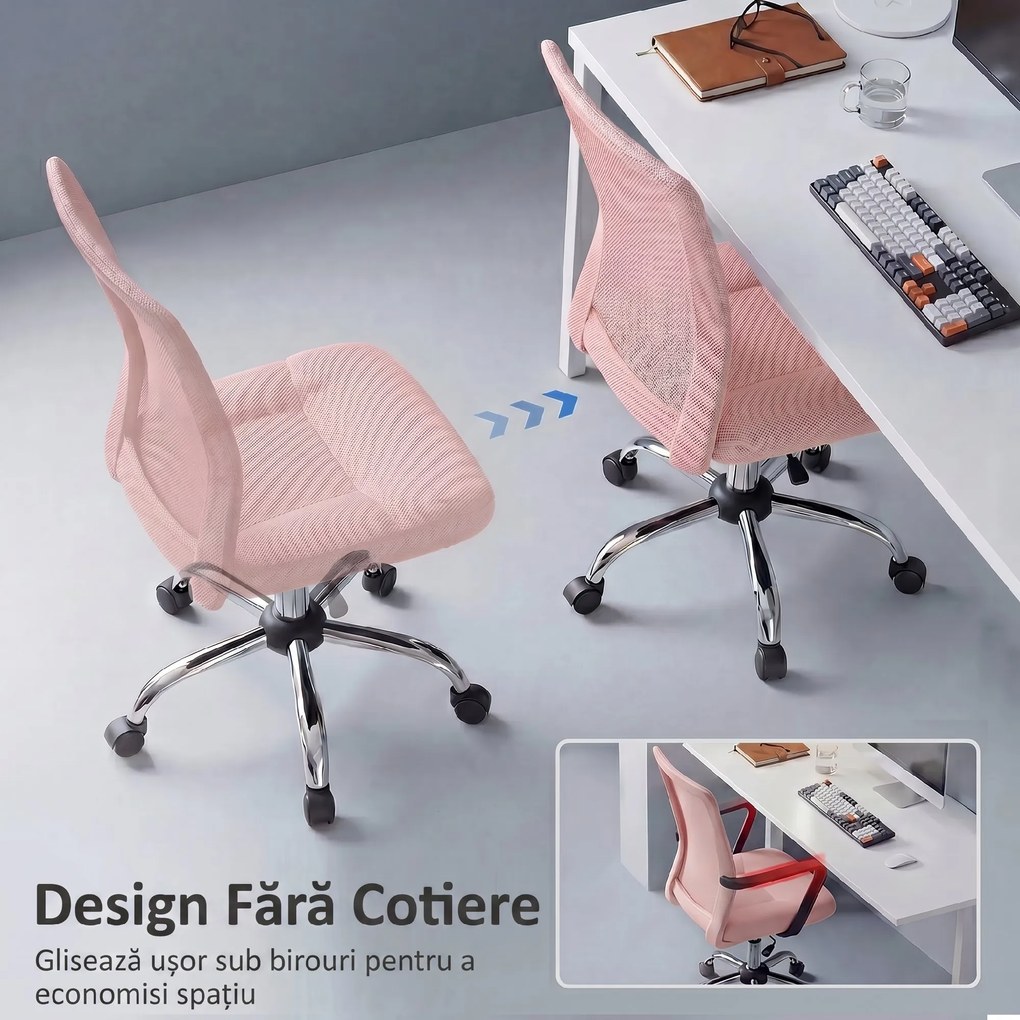 Vinsetto Scaun de Birou Ergonomic, Rotativ, fără Brațe, din Plasă Respirabilă, Înălțime Reglabilă, Roz | Aosom Romania