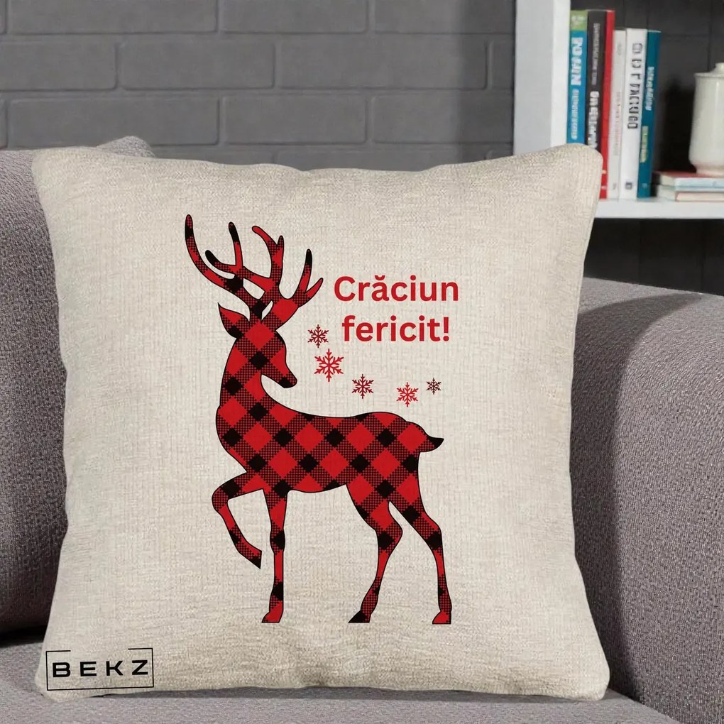 Perna Decorativa Ren Tartan Craciun Fericit, 40x40 cm, Bej Canapea, Husa Detasabila, Perna Inclusa, BEKZ®