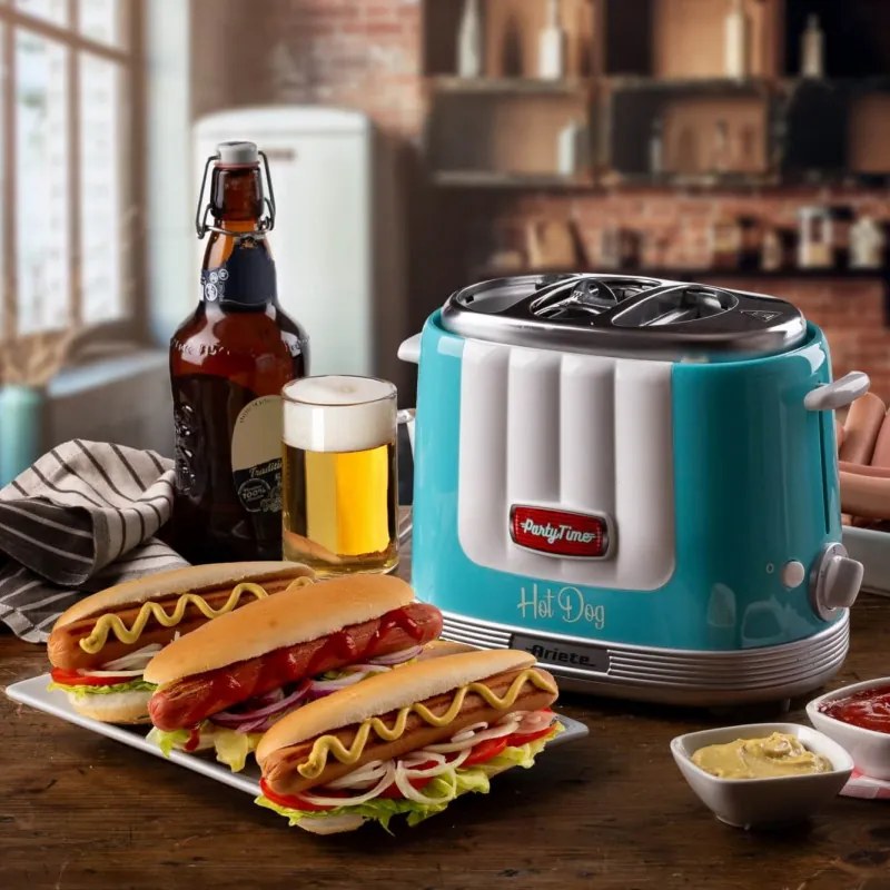 Aparat preparare hot-dog Ariete PARTY TIME 0206/01, 650W, 4 compartimente, 5 trepte, Functie Stop, Turcoaz