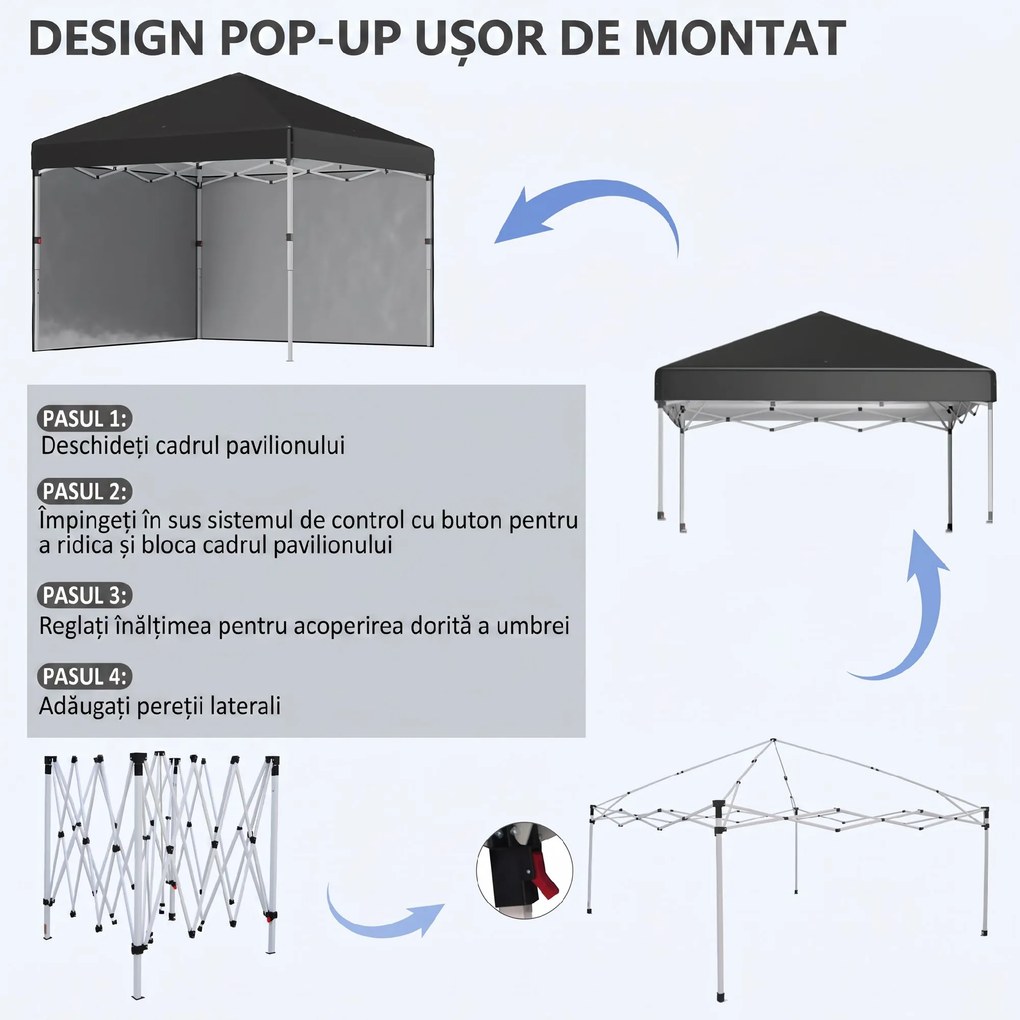 Outsunny Pavilion de Grădină Pliabil cu Înălțime Ajustabilă, 2 Pereți și Geantă Inclusă, 297x297x288 cm, Negru | Aosom Romania
