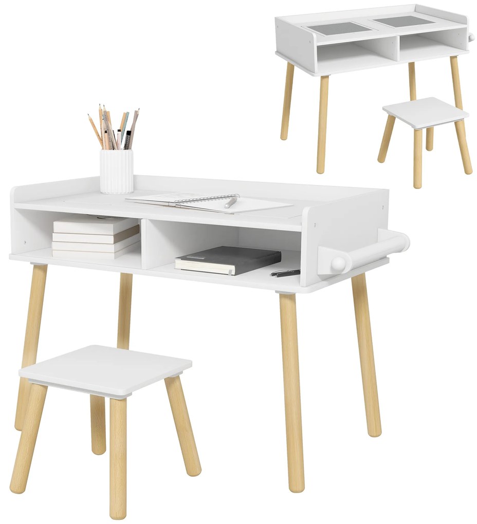 HOMCOM Set de Masă și Scaun pentru Copii, Masă de Activități pentru Copii Mici 3 în 1 cu Tablă de Construcție, 87x45x59.5 cm, Alb | Aosom Romania