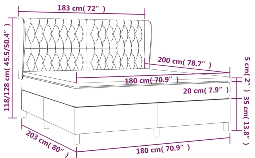 Pat box spring cu saltea, albastru inchis, 180x200 cm, catifea Albastru inchis, 180 x 200 cm, Design cu nasturi