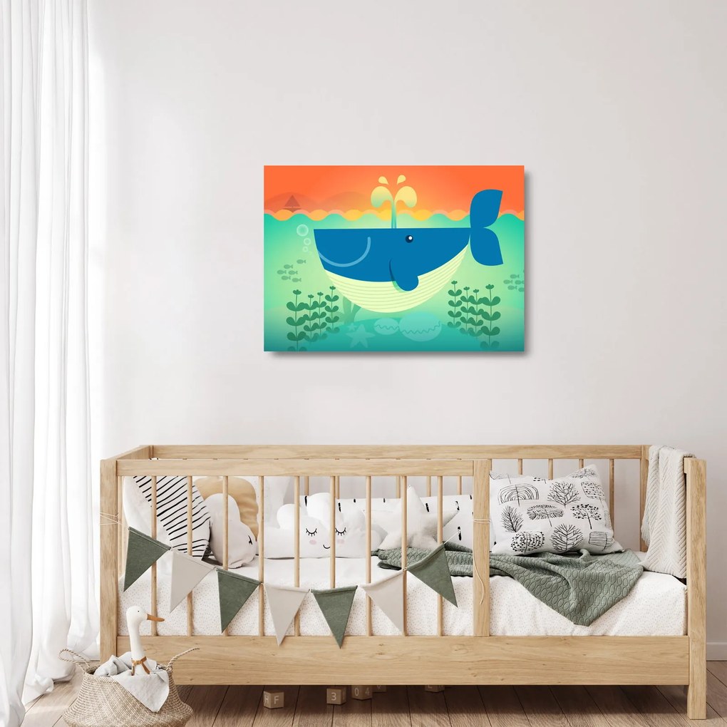 Tablou pe sticlă - Balenă veselă în mare (70x50 cm)