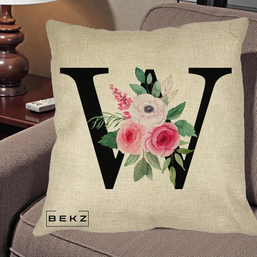 Cadou Personalizat - Perna Personalizata Monograma Florala Litera W cu Trandafiri si Anemona, 40x40 cm, Crem, Husa Detasabila, Perna Inclusa, BEKZ®