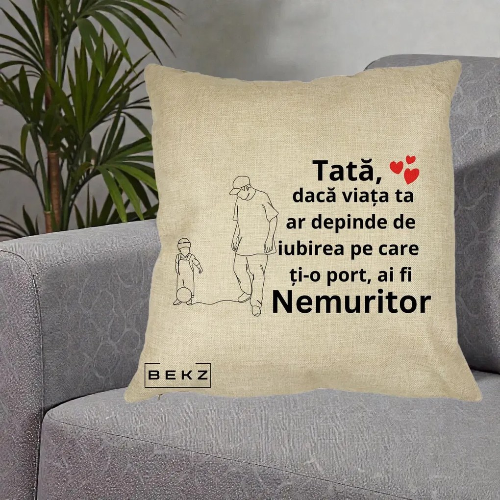Perna personalizata tata: Tata Nemuritor Joaca cu Mingea, 40x40 cm cu Umplutura, Crem, BEKZ