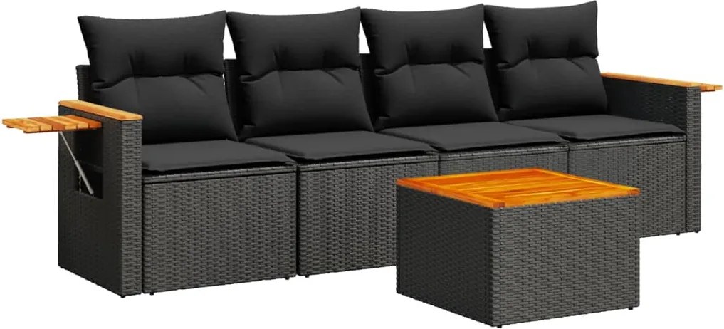 vidaXL Set mobilier de grădină cu perne, 5 piese, negru, poliratan