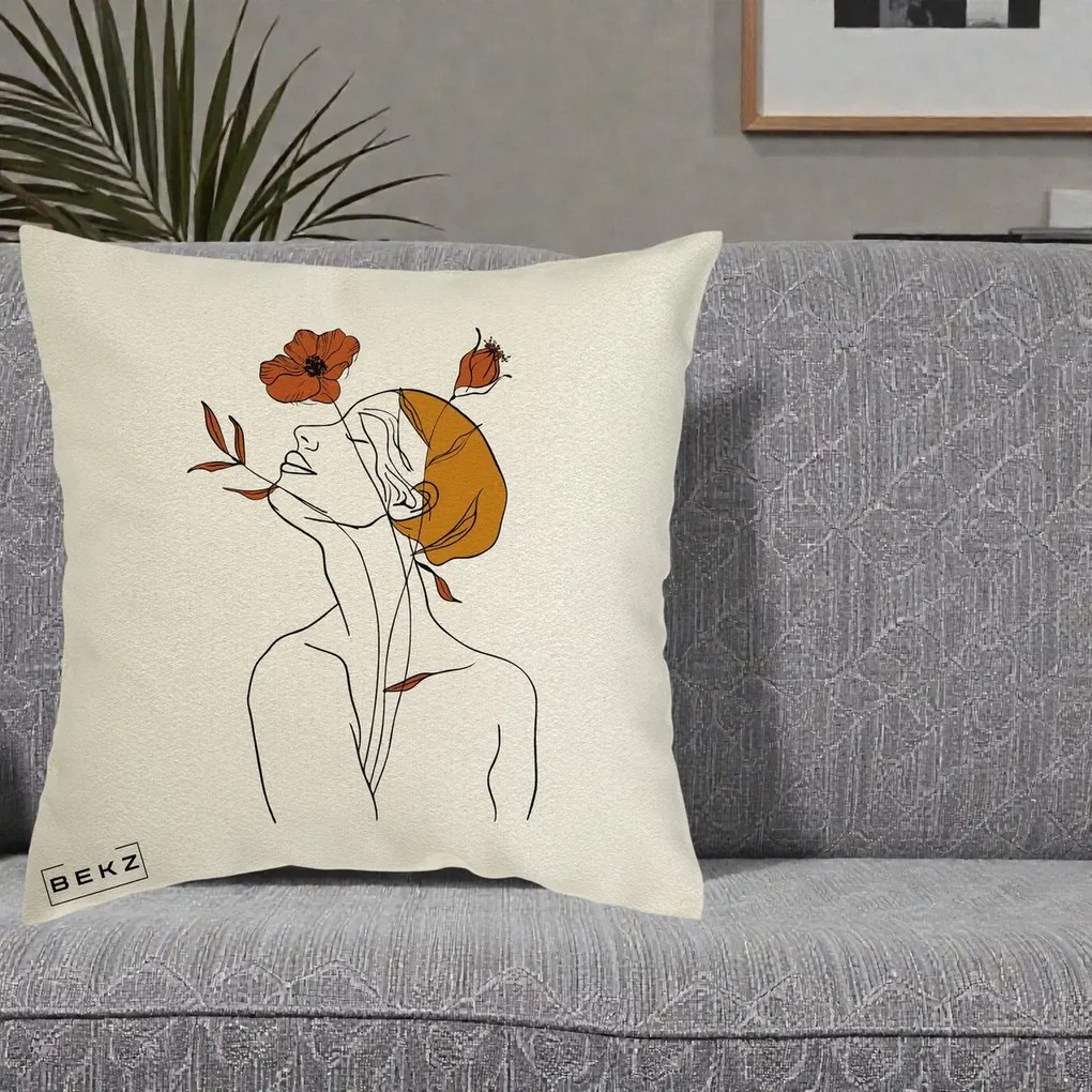 Perna Decorativa Portret Feminin Mac Privire Inalta, 40x40 cm, Ecru, Husa Detasabila, Perna Inclusa, BEKZ®
