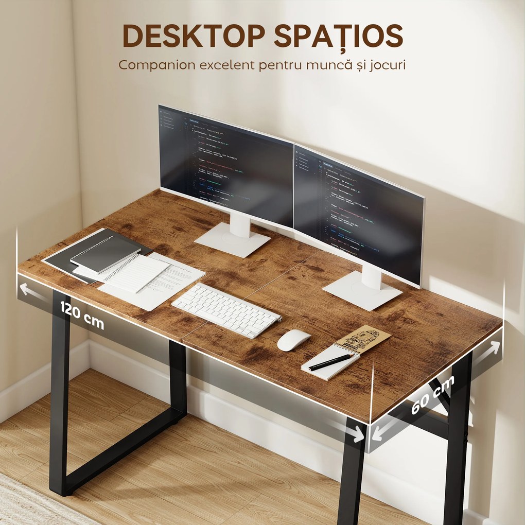 HOMCOM Birou pentru Computer, 120x60x76 cm Birou Lungu cu Colțuri Rotunjite și Structură din Oțel, Masă PC Industrială, pentru Casă, Studiu, Dormitor, Birou, Maro Rustic | Aosom Romania
