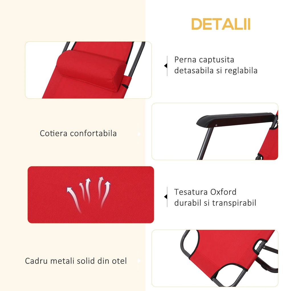 Outsunny sezlong pliabil de gradina din material textil Oxford, 135x60x89cm, rosu | Aosom Romania