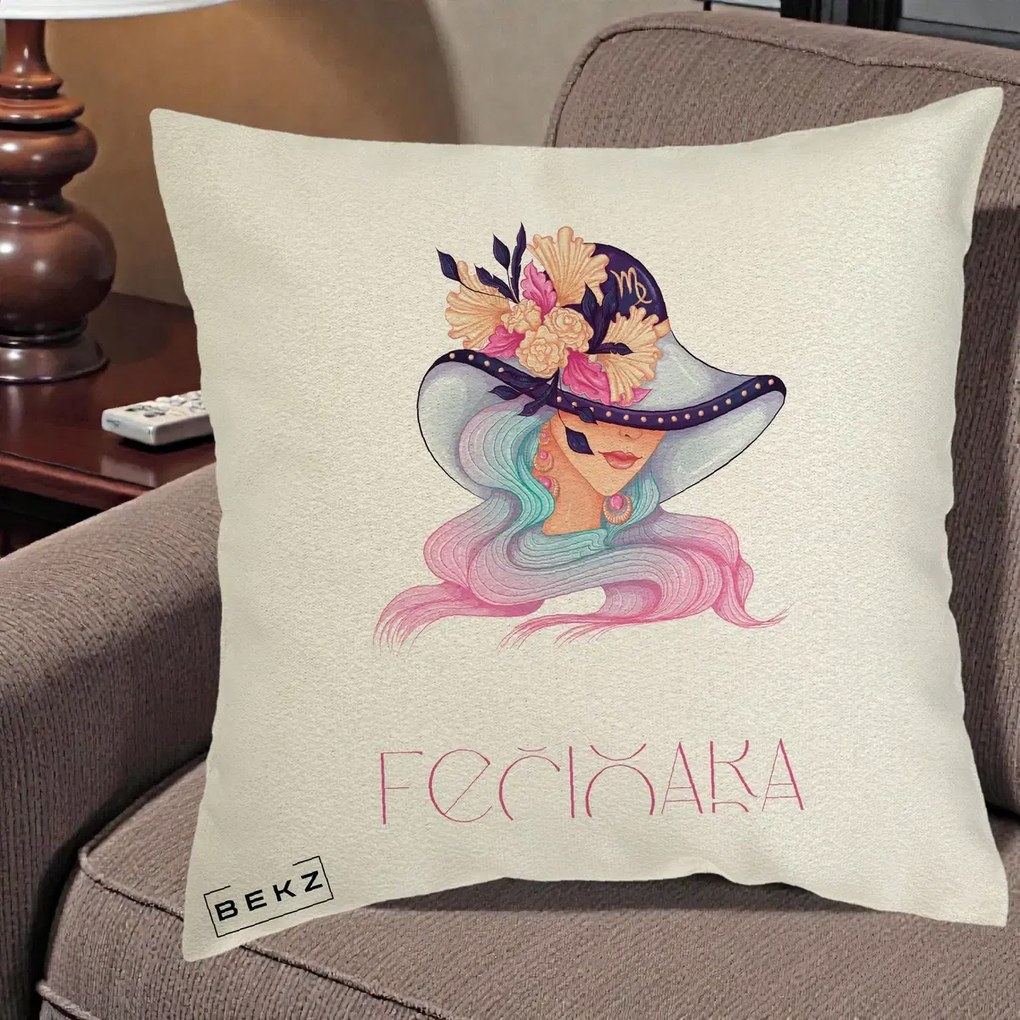 Perna Personalizata Zodie Fecioara, 40x40 cm, Ecru, Husa Detasabila, Perna Inclusa, BEKZ®