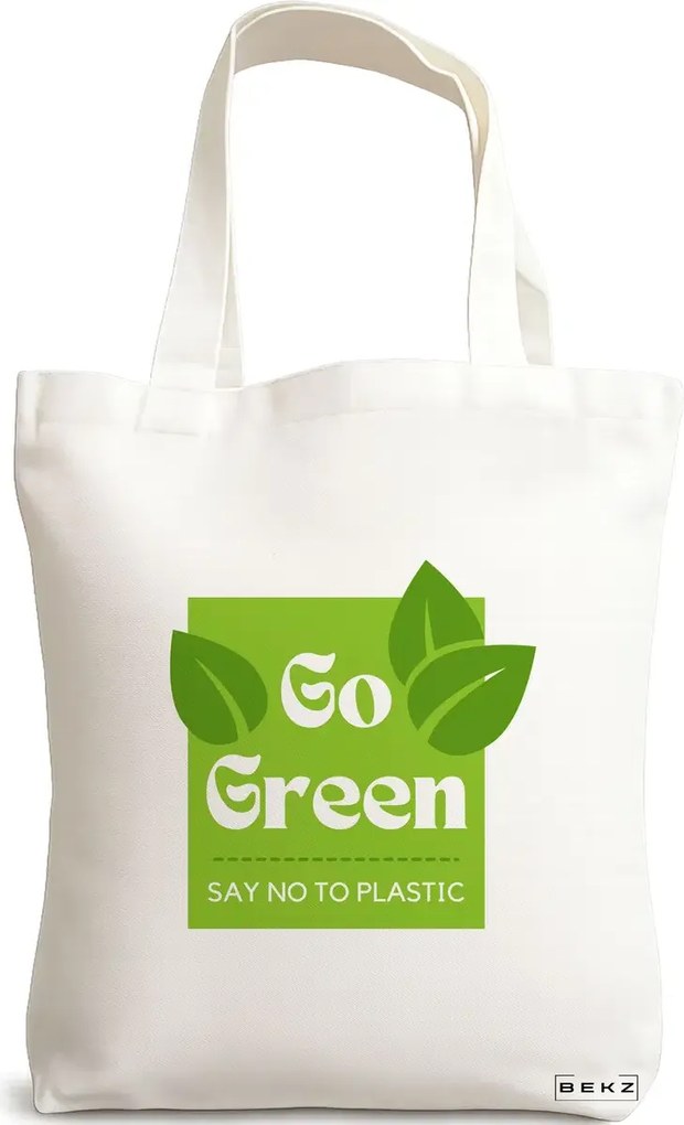 Sacosa de Panza pentru Cumparaturi, Geanta Tote, model Go Green - Say no to plastic, 38x34.5 cm, Alba, BEKZ®