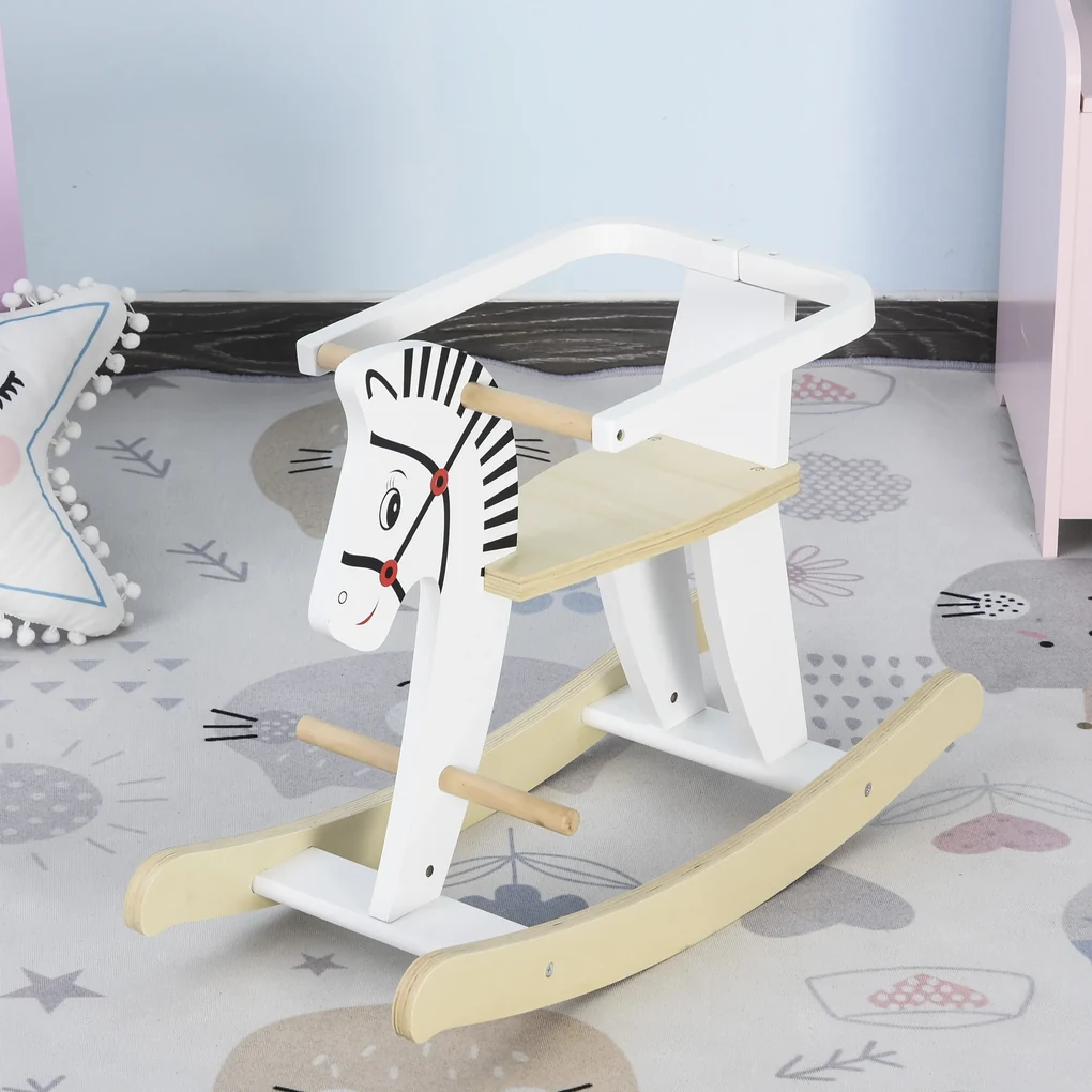 HOMCOM Căluț Balansoar Clasic din Lemn pentru Copii 1-3 Ani, Design Sigur cu Margine și Suport pentru Picioare, 68x26.5x48cm, Alb | Aosom Romania