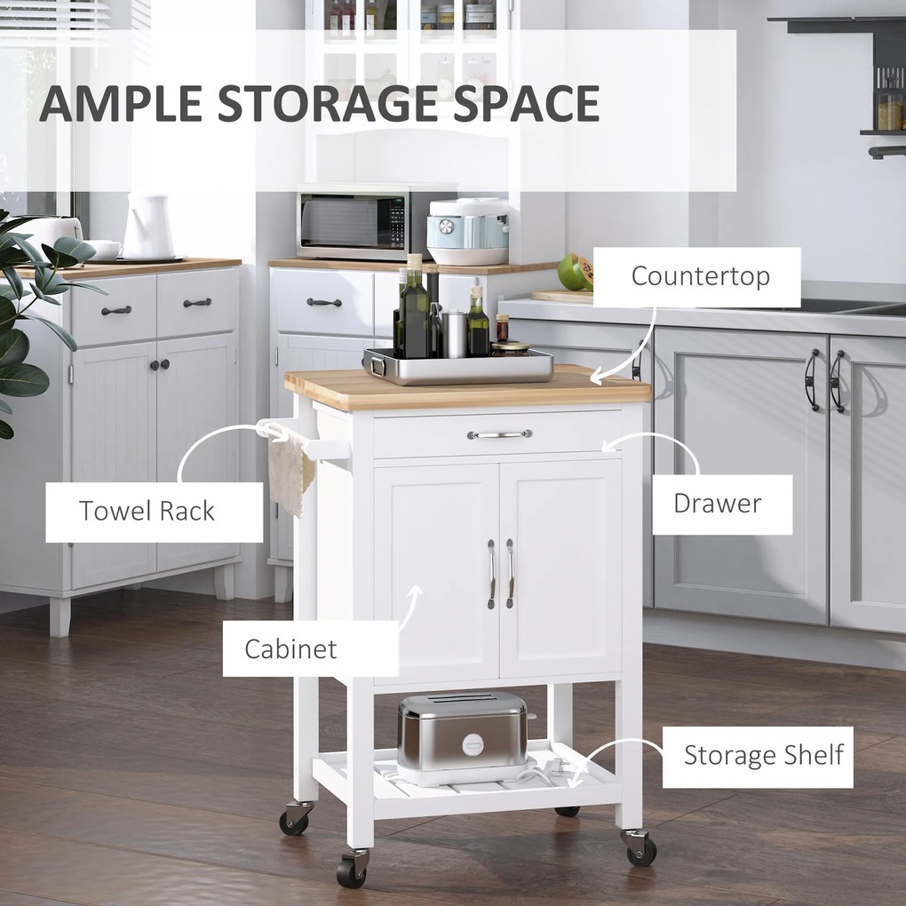 Carucior de bucatarie HOMCOM din lemn alb 65x48x90cm | Aosom RO