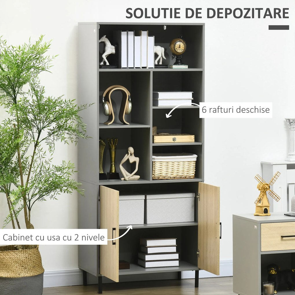 Dulap de Depozitare Independent, Biblioteca cu 6 Rafturi Deschise, pentru Camera de Zi, Birou, Dormitor, Gri HOMCOM | Aosom Romania