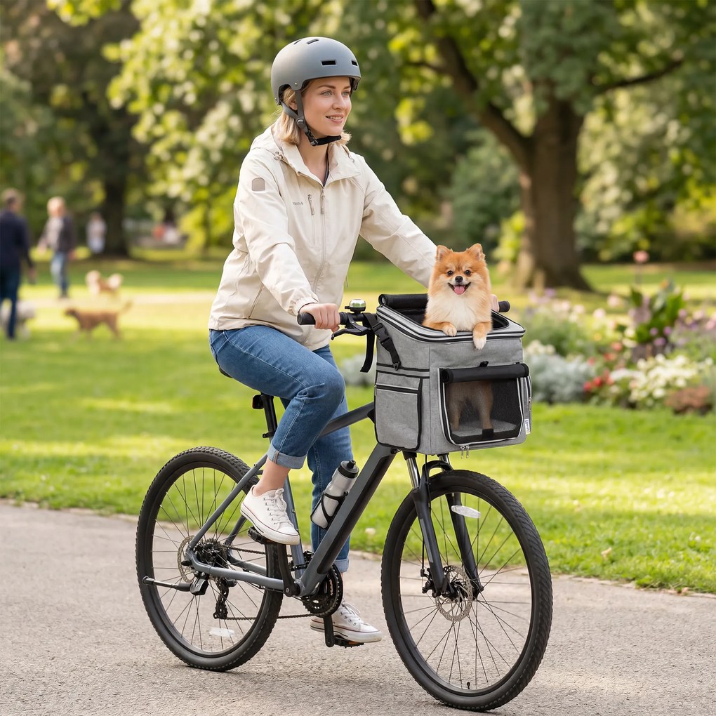 PawHut Coș Frontal pentru Bicicletă pentru Câini, cu Ferestre din Plasă, Pernă Moale și Bol, Gri Deschis | Aosom Romania
