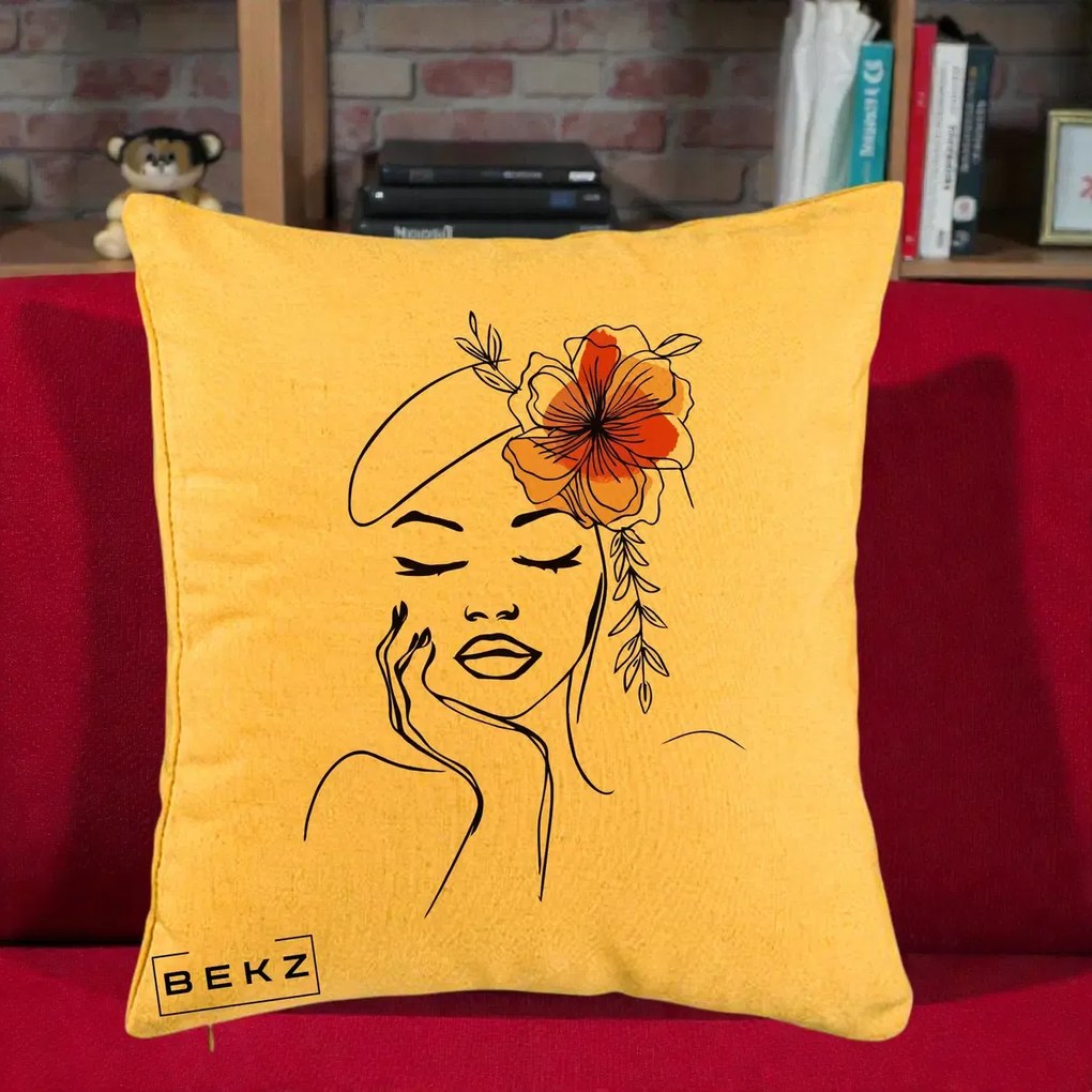 Perna Decorativa Portret Feminin Flori Palarie, 40x40 cm, Galben, Husa Detasabila, Perna Inclusa, BEKZ®