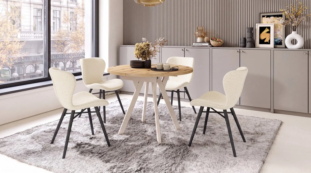 MAZZONI EXPORT ALTEA Crem (țesătură Monza 90) / picioare negre – SCAUN MODERN TAPIȚAT CU BOUCLÉ PENTRU LIVING, SUFRAGERIE ȘI BUCĂTĂRIE