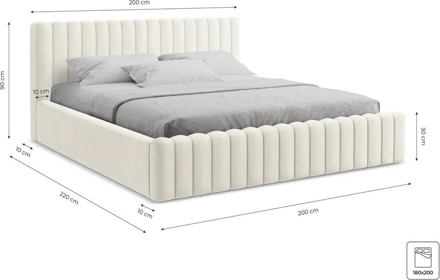 Pat matrimonial crem tapițat cu spațiu de depozitare cu somieră 180x200 cm Lemi – Makamii