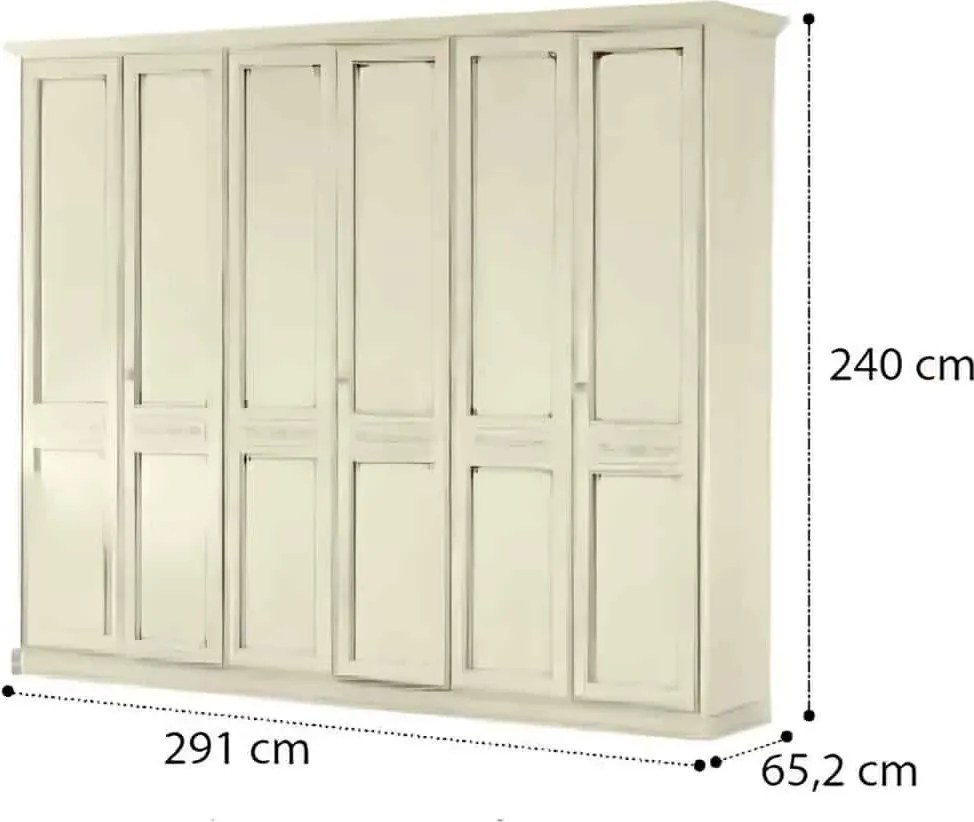 Dulap lemn masiv crem 6 Uși Bologna Patinat, 291 × 65 × 240 cm - Cu patru usi cu oglinzi