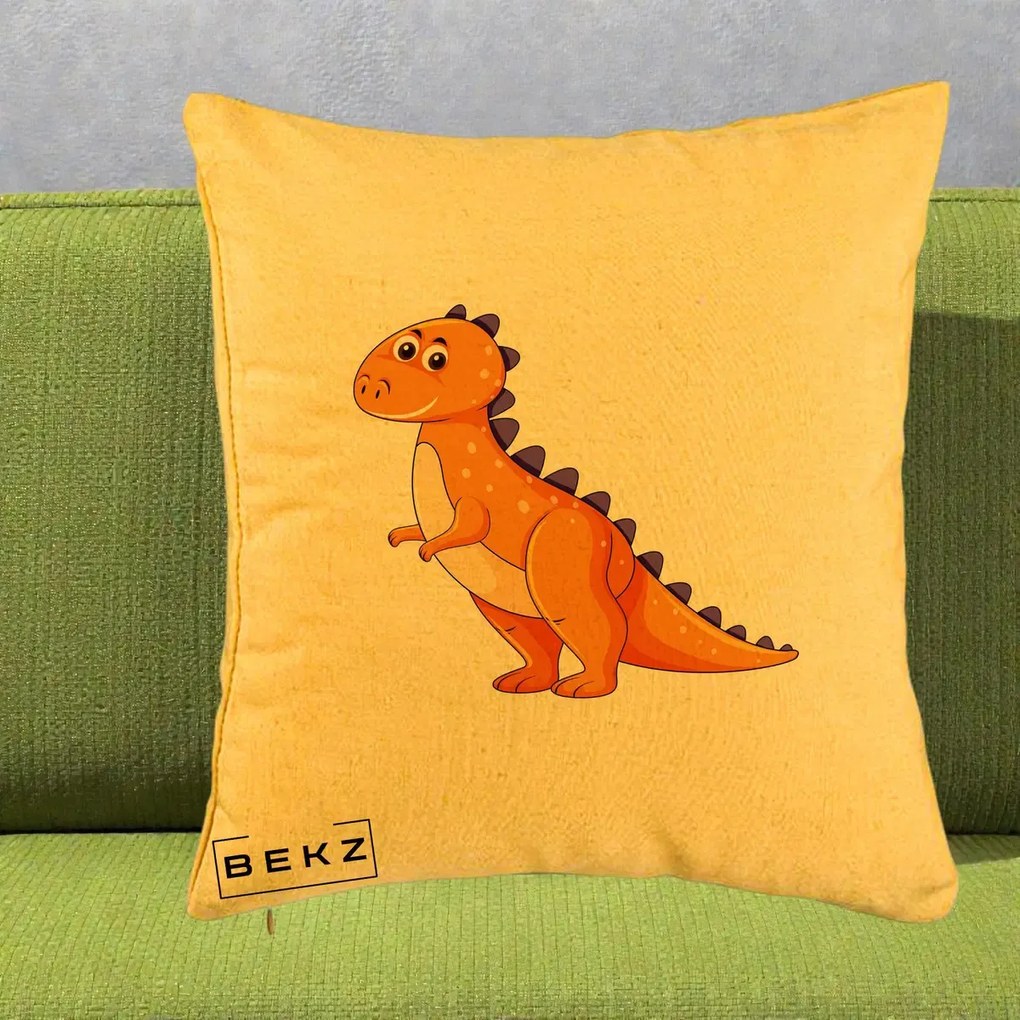 Perna Decorativa T-Rex Portocaliu, 40x40 cm, Galben, Husa Detasabila, Perna Inclusa, BEKZ®