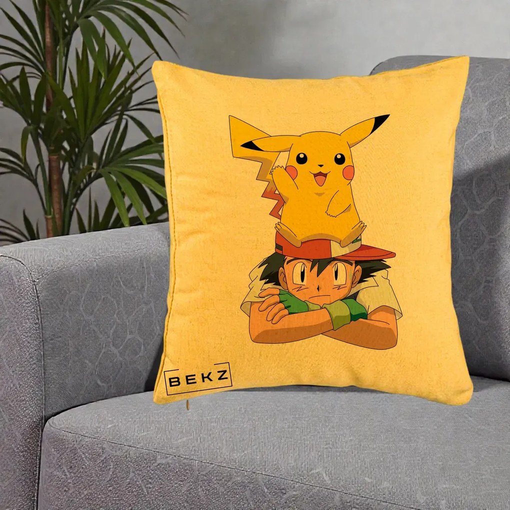 Perna Personalizata Ash si Pikachu, 40x40 cm, Galben, Husa Detasabila, Perna Inclusa, BEKZ®