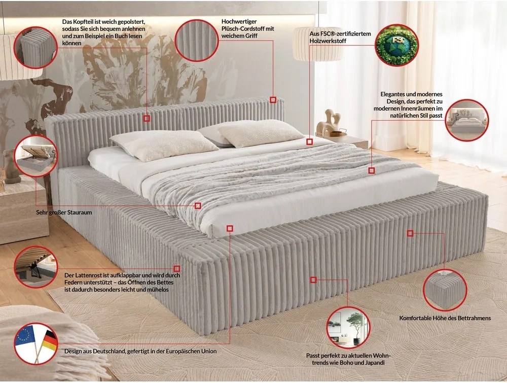 Pat matrimonial gri tapițat cu spațiu de depozitare cu somieră 140x200 cm Cloe – Ropez