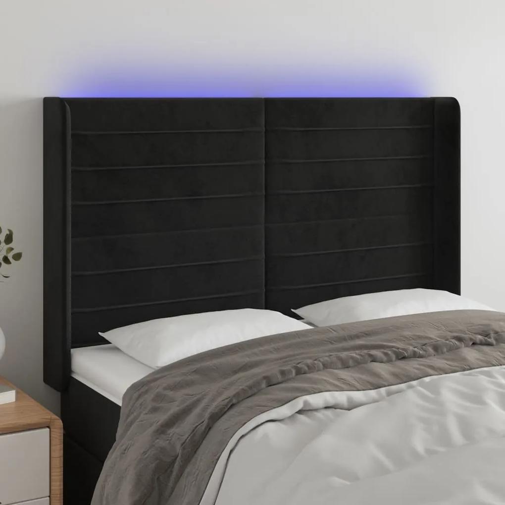 3124238 vidaXL Tăblie de pat cu LED, negru, 147x16x118/128 cm, catifea