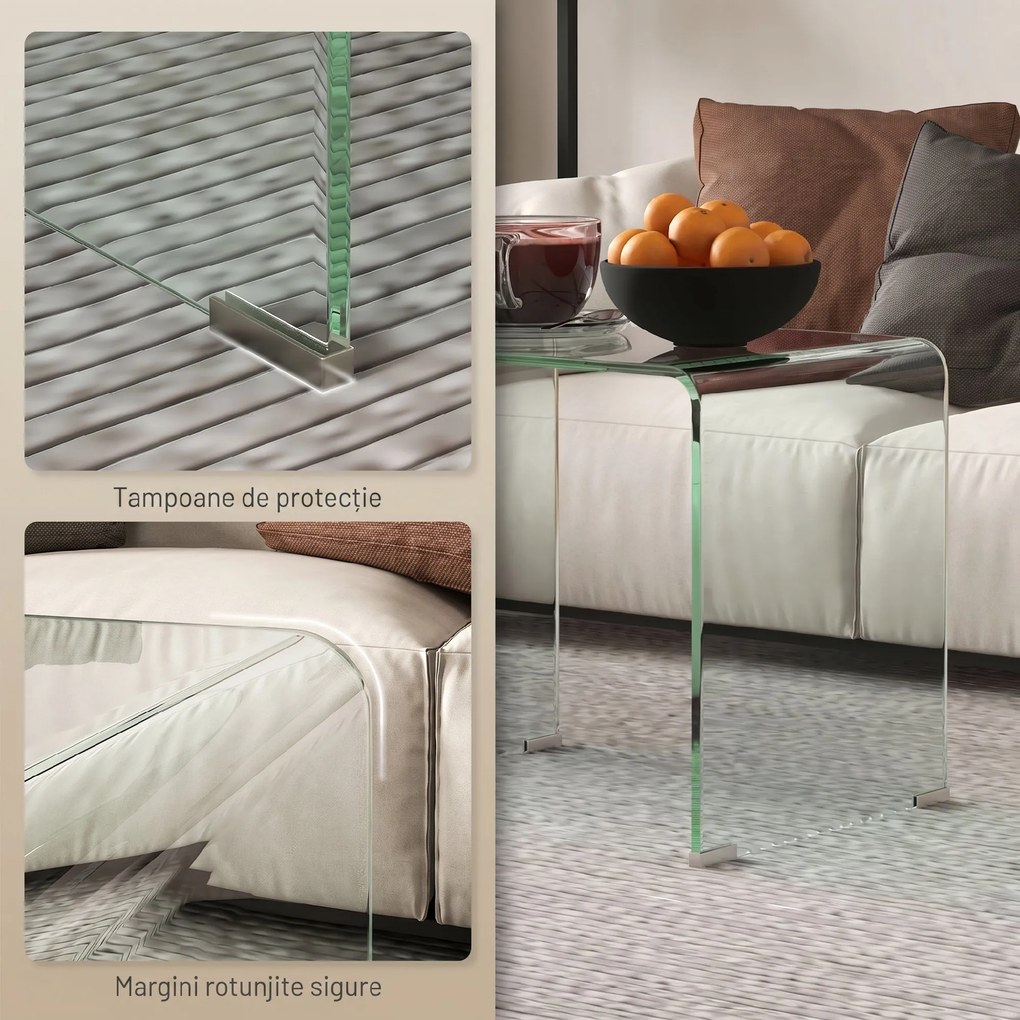 HOMCOM Măsuță de Cafea Modernă cu Picioare Antiderapante, Măsuță din Sticlă Securizată, 50x40x45 cm, Transparentă, Design Elegant | Aosom Romania