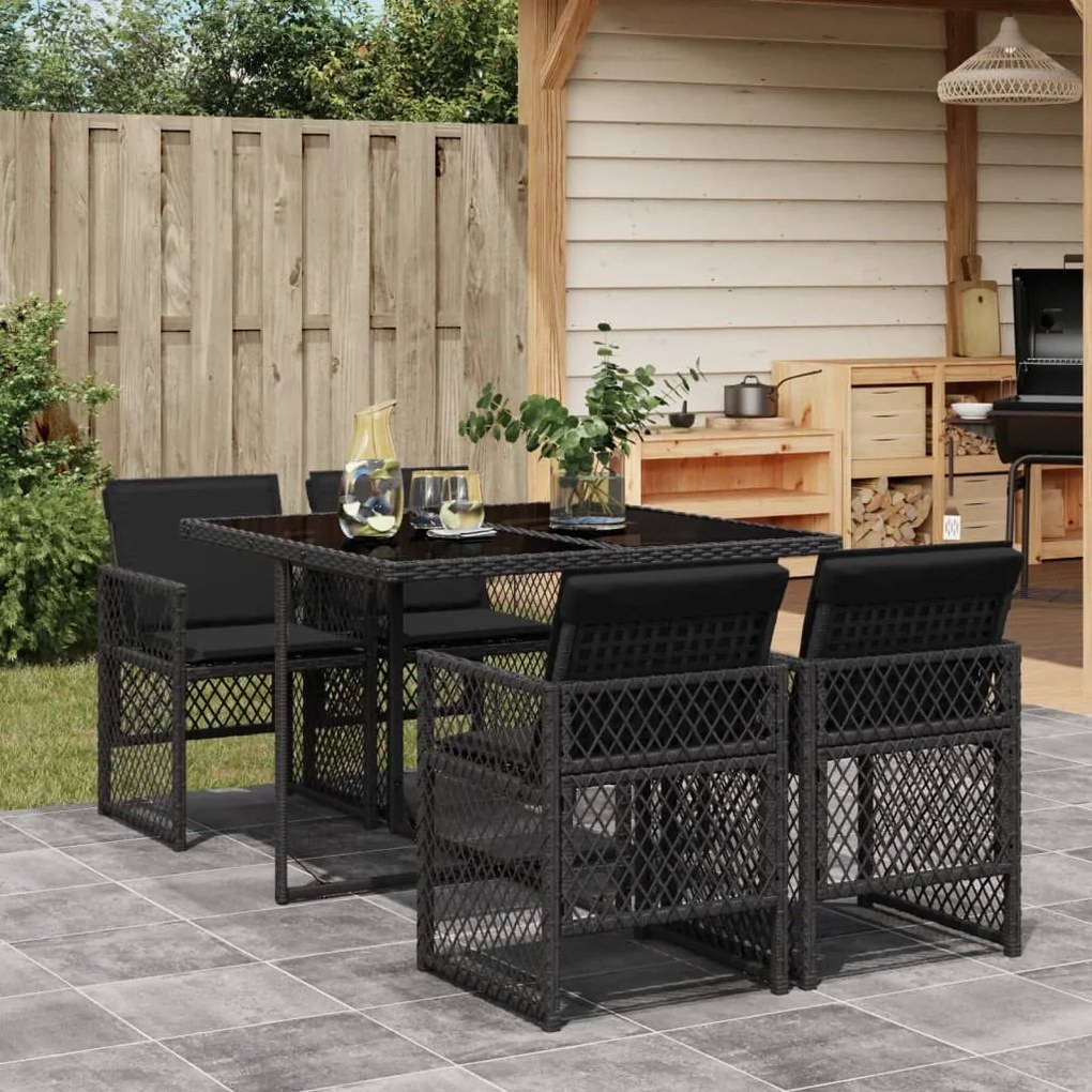 vidaXL Set mobilier de grădină cu perne, 5 piese, negru, poliratan