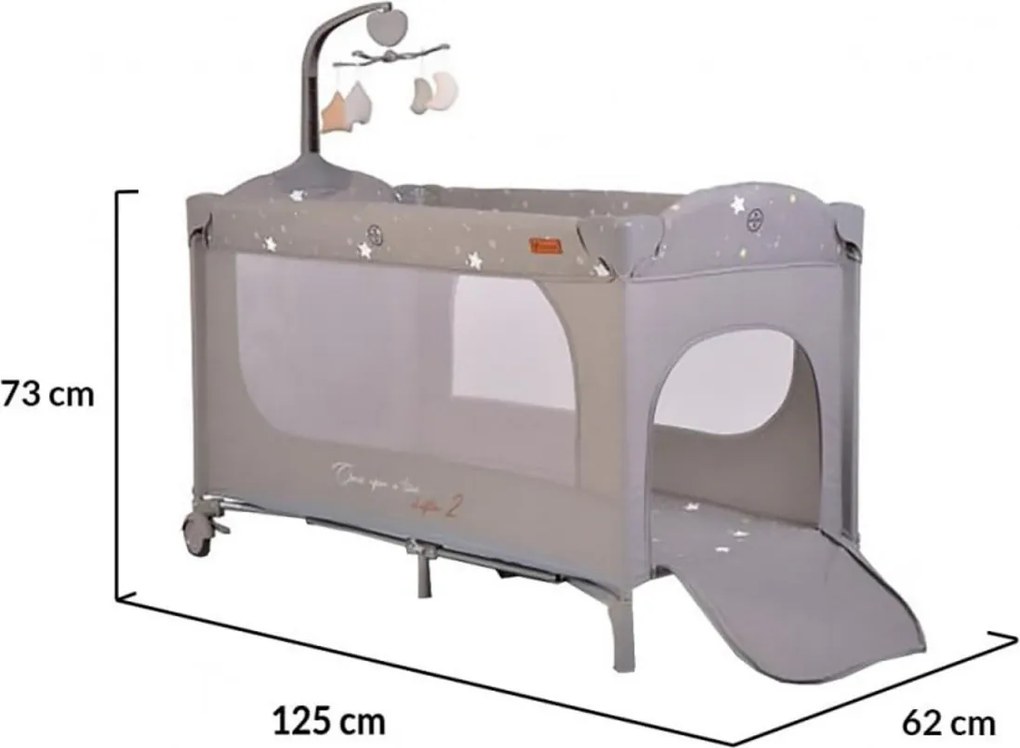 Patut pliant transformabil in tarc copii NOVOKIDS™ Onceuponatime NEST, 62X125 cm, 2 Niveluri, Jucarie Carusel muzical, Fermoar acces lateral, Gri