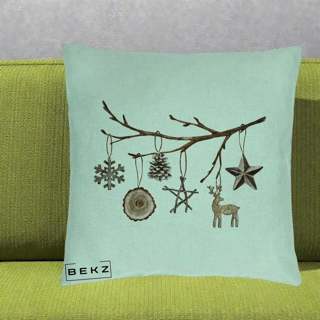 Perna Decorativa Ornamente de Lemn pe Ramura, 40x40 cm, Verde Menta, Husa Detasabila, Perna Inclusa, BEKZ®