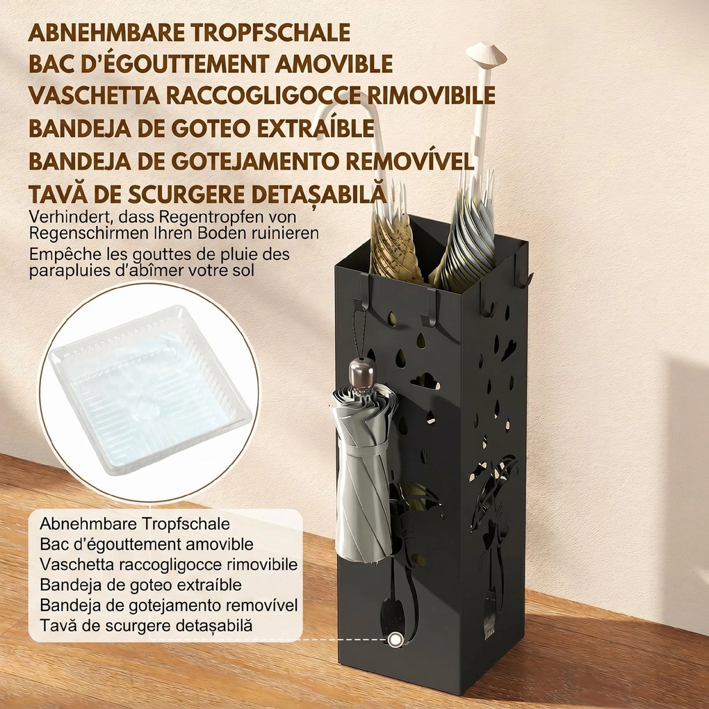 HOMCOM Suport de Umbrele Pătrat din Metal pentru Intrare, Suport Autoportant cu Tavă Detașabilă și 4 Cârlige, pentru Interior și Exterior, 15.5x15.5x49 cm, Negru | Aosom Romania