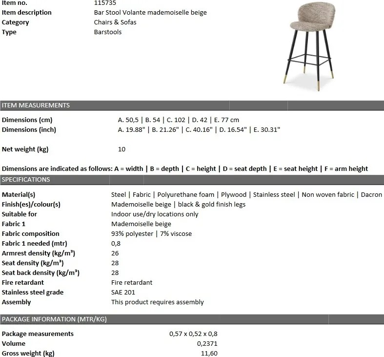 Scaun de bar design elegant LUX Volante, bej mademoiselle 115735 HZ