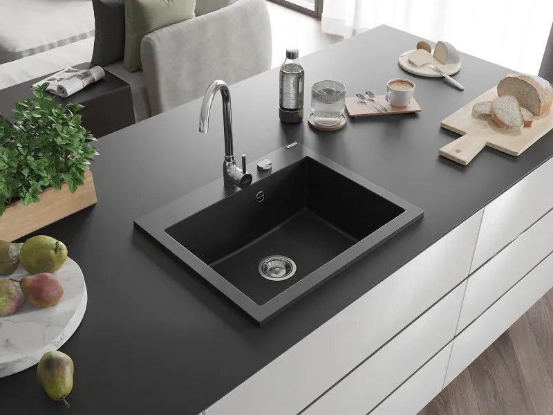 Mexen Elix chiuvetă de granit 1-cameră 600 x 500 mm, neagră, sifon crom - 6525601005-77