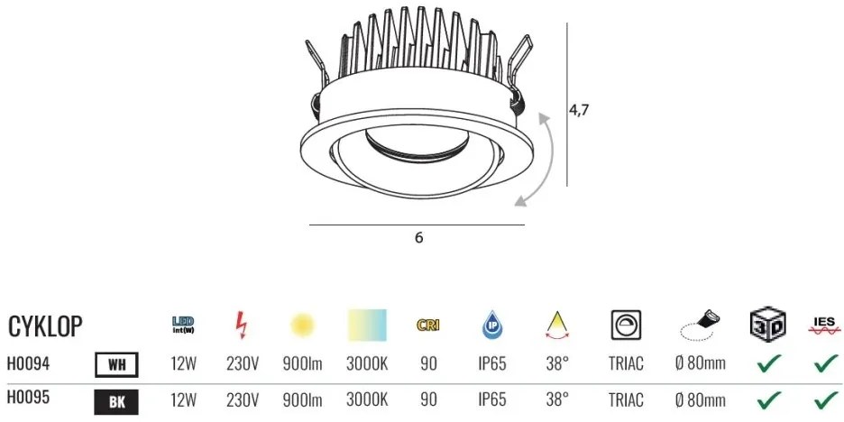 Spot LED incastrabil baie IP65 Cyklop IP65 3000K alb