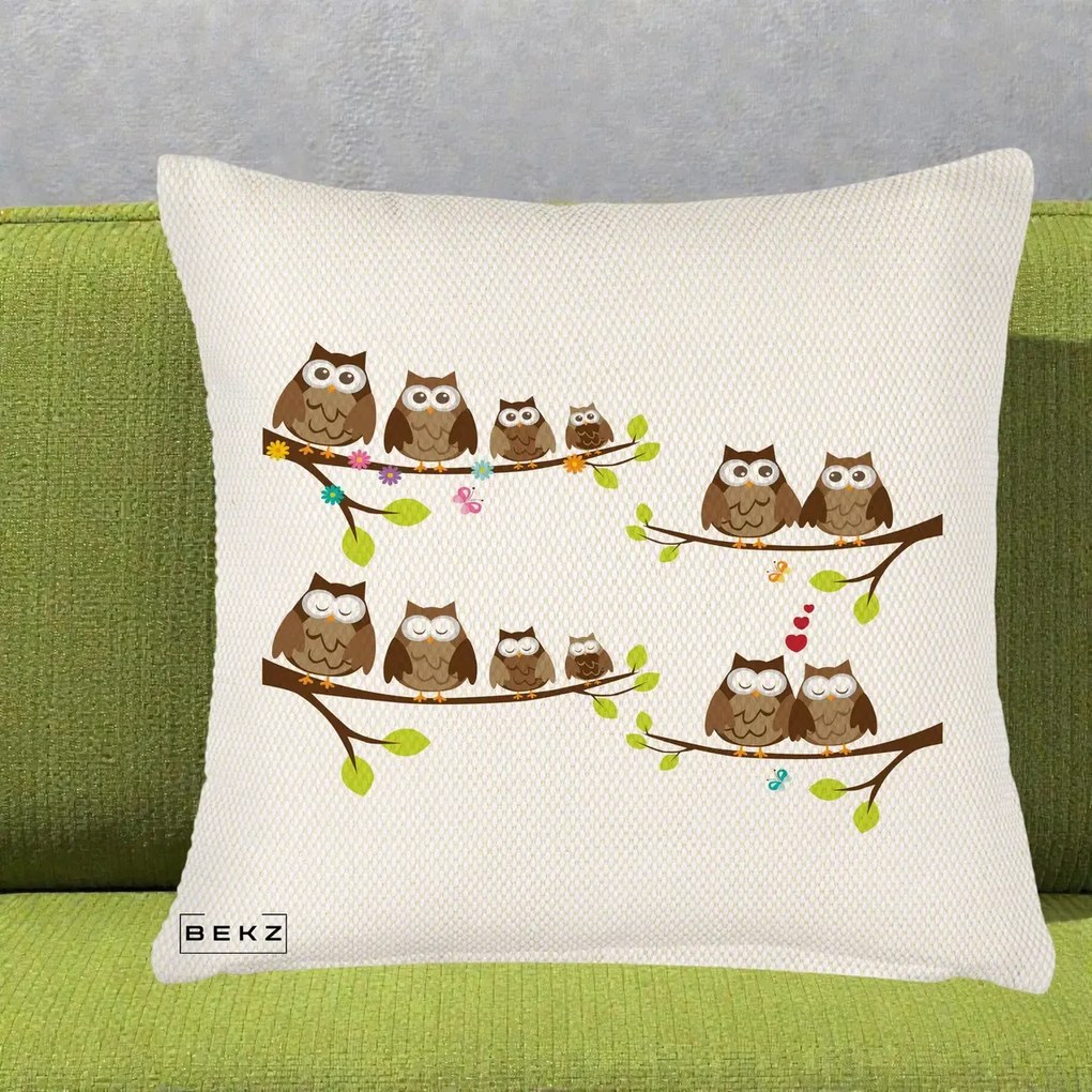 Perna Decorativa Familie de Bufnite pe Ramuri, 40x40 cm, Crem Reliefat, Husa Detasabila, Perna Inclusa, BEKZ®