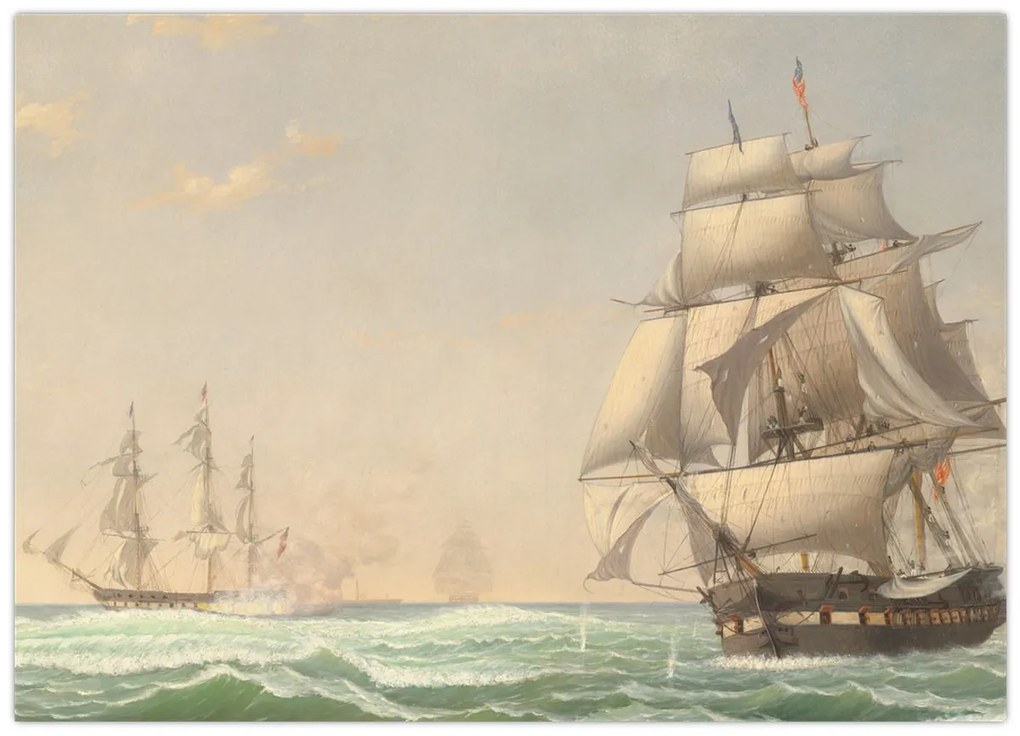 Tablou pe sticlă - Fitz Henry Lane, The United States Frigate President Engaging the British Squadron, reproducere (70x50 cm)