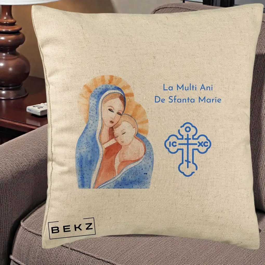 Cadou de Onomastica - Perna Personalizata Sfanta Marie Icoana Acuarela, 40x40 cm, Bej, Husa Detasabila, Perna Inclusa, BEKZ®