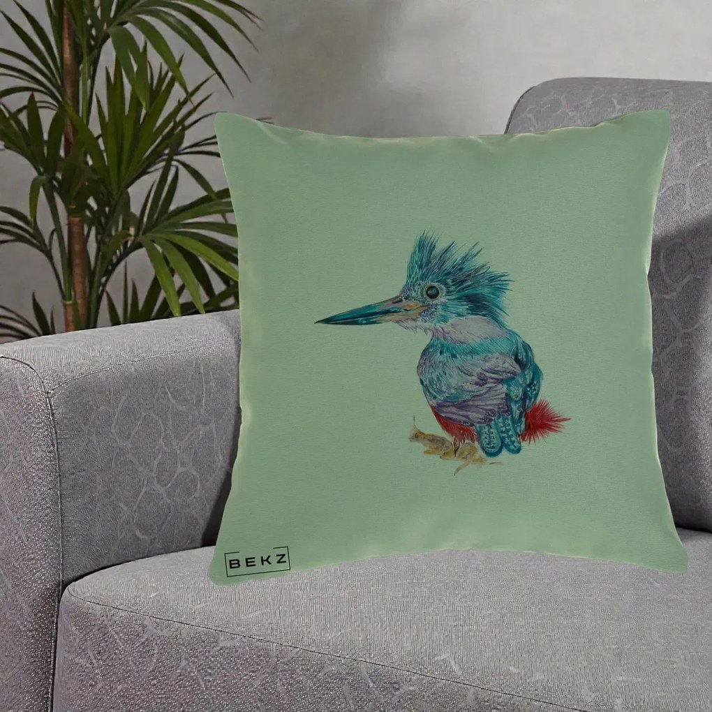 Perna Decorativa Pasare Martin Pescar Acuarela Albastru-Mov, 40x40 cm, Verde, Husa Detasabila, Perna Inclusa, BEKZ®