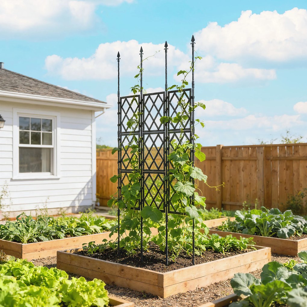 Outsunny Suport pentru Plante Cățărătoare Înalt Pliabil, Grilaj pentru Cățărătoare din Grădină din Oțel cu Decorațiuni, pentru Roșii, Flori, Mazăre, Legume, Montaj DIY, 85x197 cm, Negru | Aosom Romania