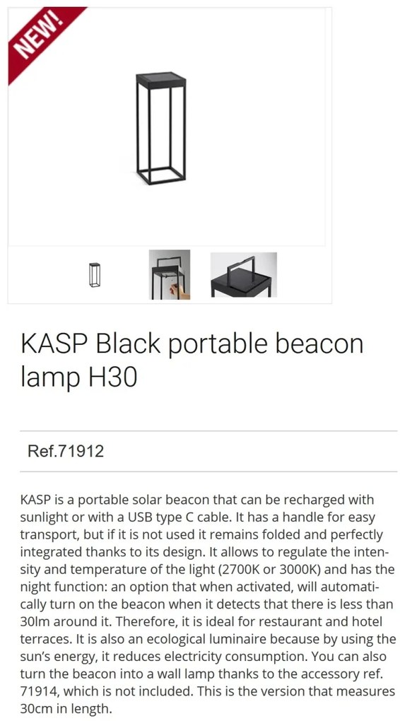 Felinar / Lampa LED solara portabila iluminat exterior decorativ IP65 KASP H-30cm