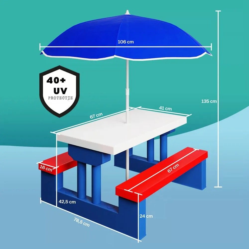Set de șezut pentru copii cu umbrelă de soare JASMIN, 67x78,5x42,5cm, albastru/alb/roșu Spielwerk