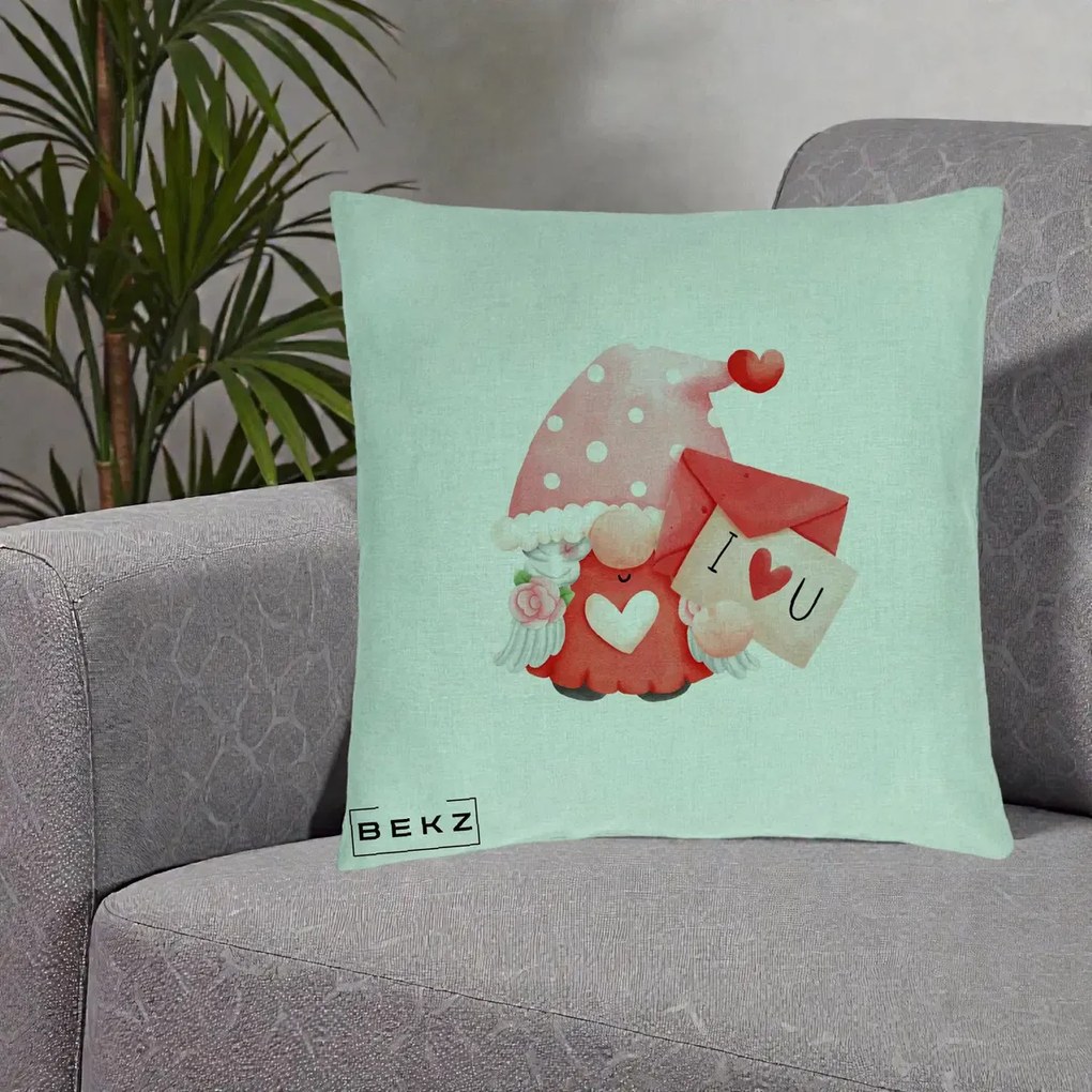 Cadou Romantic - Perna Personalizata I Love You Gnome Valentine cu Scrisoare, 40x40 cm, Verde Menta, Husa Detasabila, Perna Inclusa, BEKZ®