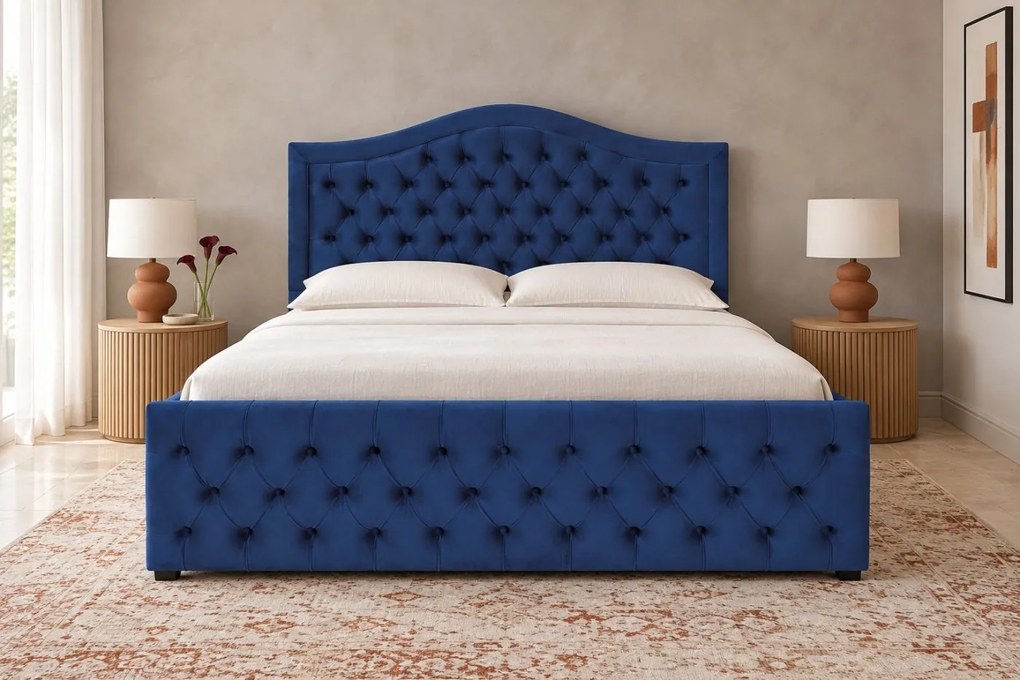 Pat tapițat Chesterfield din catifea Solaria Deluxe 180×200 cm, albastru, cu ladă de depozitare