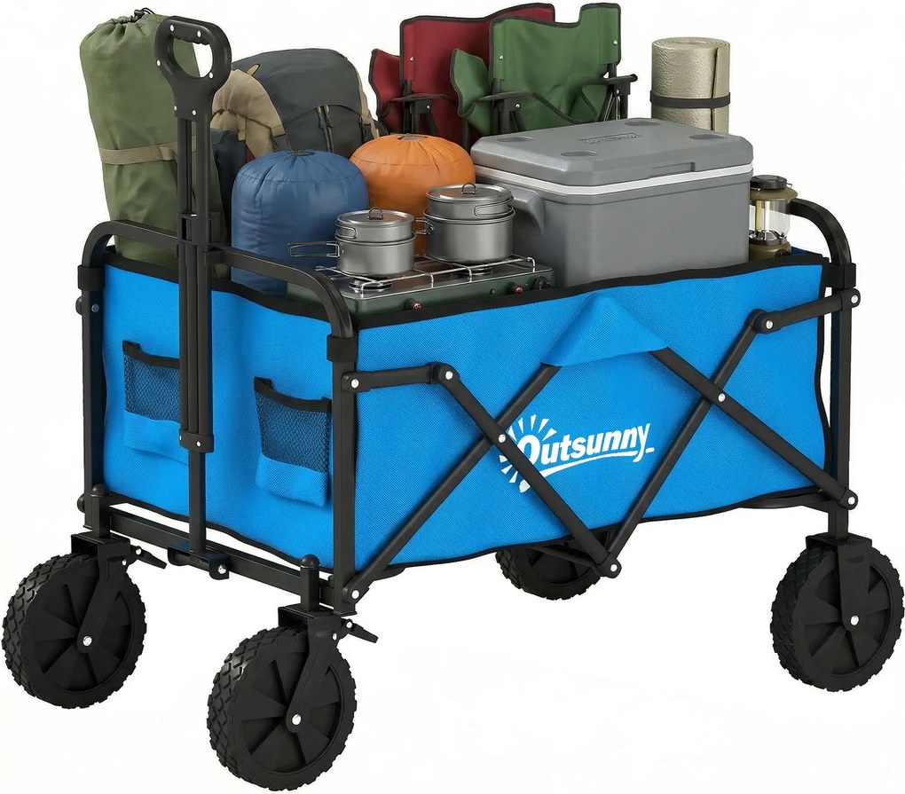 Outsunny Cărucior de Grădină Pliabil cu Roți Blocabile Mâner Reglabil Suport Pahare Capacitate 80 kg pentru Camping 85x50x99 cm Albastru | Aosom Romania
