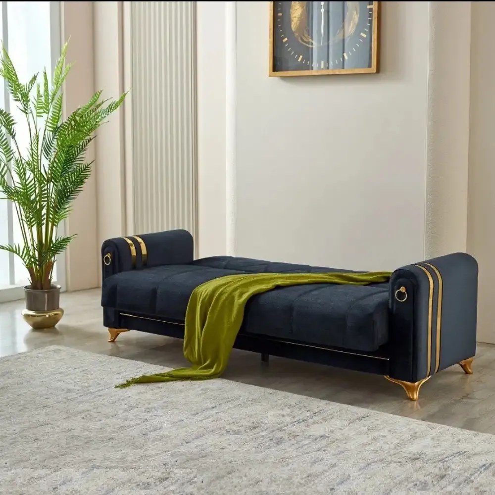 Canapea extensibila cu lada de depozitare 220x87x93 cm , detalii aurii –Camara