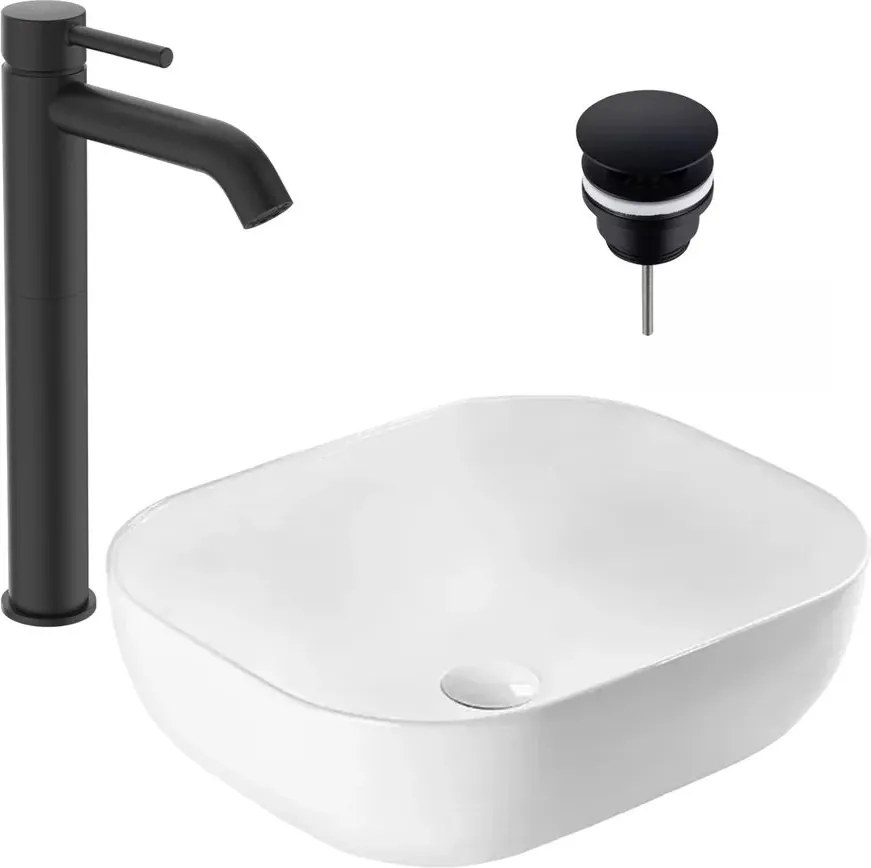 Pachet lavoar pe blat Rea Belinda alb 46.5 cm, baterie lavoar Ideal Standard Ceraline negru si ventil lavoar Click-Clack D negru