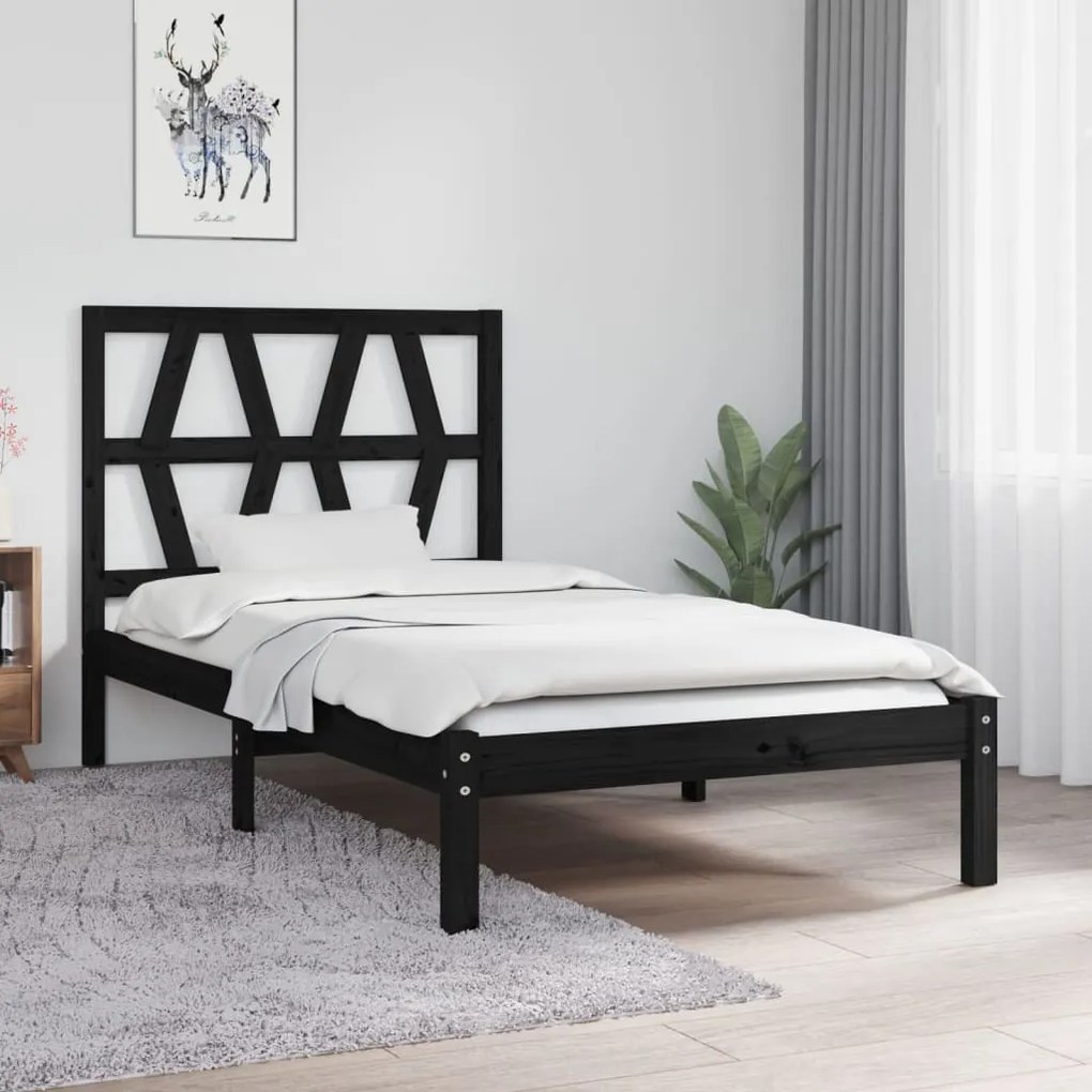 Cadru de pat Small Single, negru, 75x190 cm lemn masiv de pin Negru, 75 x 190 cm